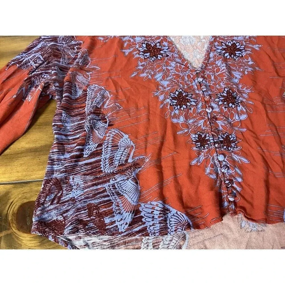 Free People Birds of a Feather Orange Floral Printed Blouse Size Small V-Neck - Picture 4 of 13